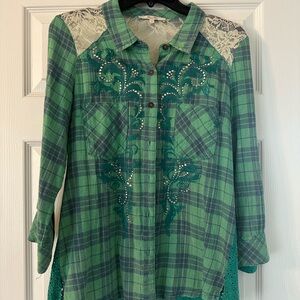Miss Me Green Plaid Shirt with Lace Accents